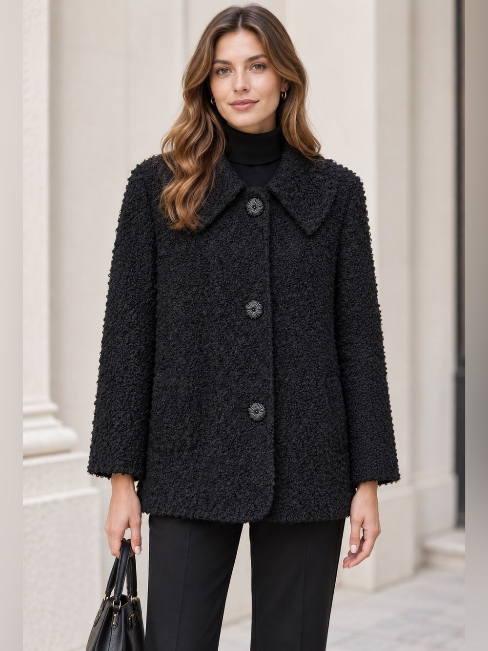 Vintage Black Bouclé Swing Coat ILGWU Union Made Mod Textured Jacket Size M